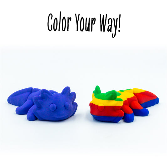 Gloam the axolotl toy in a group shot to show customization options