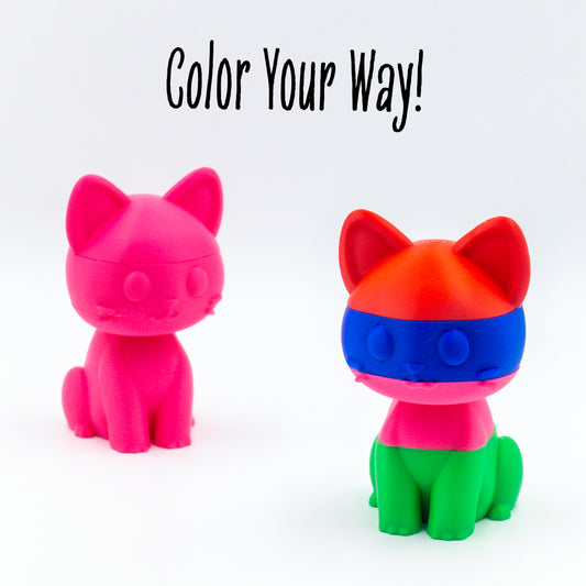 Two versions of Whisk the cat with slide-on connectors and playful puzzle layers