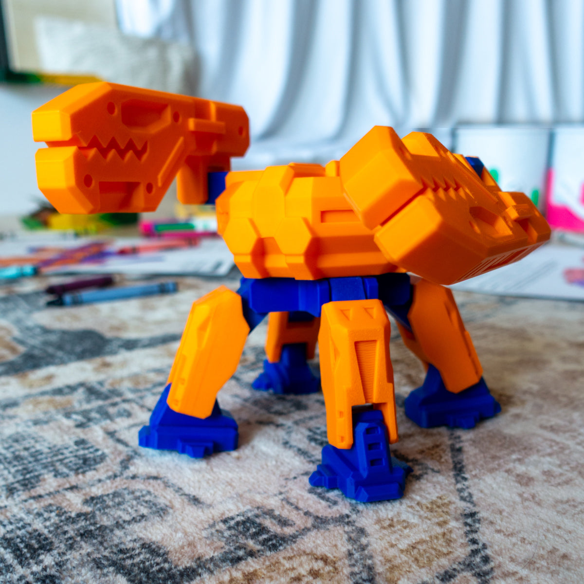 Clampp the Crab toy crouched on carpet, showing snapping claws and movable legs with textured detail