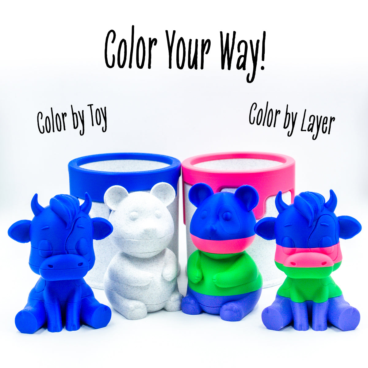 Two pairs of Mooch the cow and Munch the panda with their paint cans