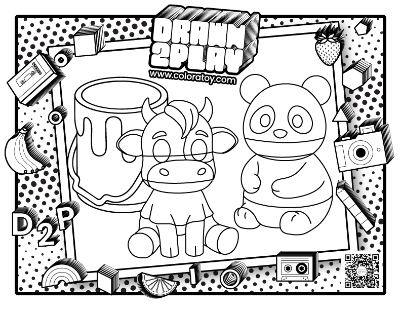 Mooch the cow and Munch the panda featured on a black and white coloring page for the user to customize their toy.