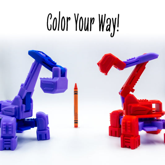 Diggs the Excavator toy lineup in bold color combinations under “color your way!”—designed for digging and reconfiguring