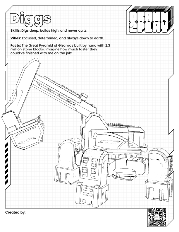 Diggs coloring page for sketching your own excavator colorway before building your toy