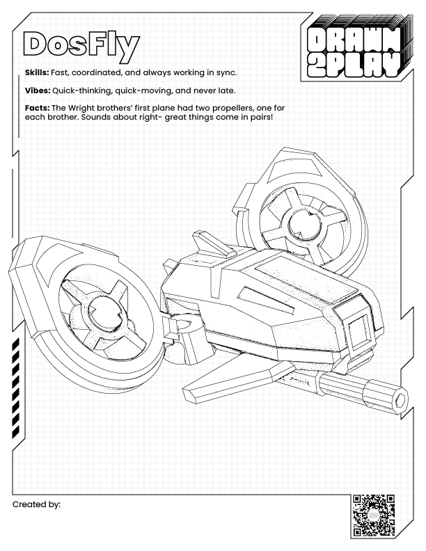 DosFly the Dual Drone coloring sheet with clear outlines for customizing your own drone design