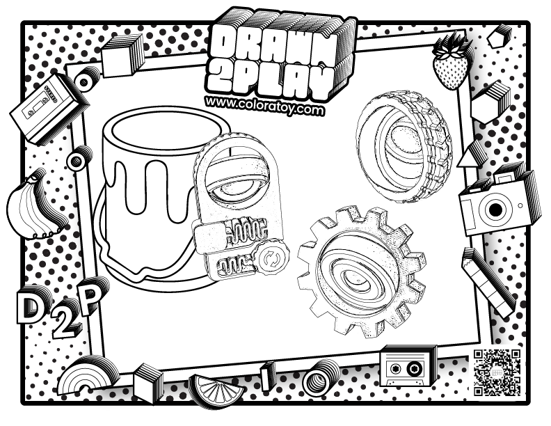 Coloring sheet in black and white featuring the three fidgets in the Engineer pack to be colored by the user.