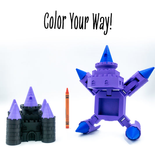 Fourtress the Mecha Castle toy shown in a lineup of custom colorways under “color your way!” for mixable mech combos