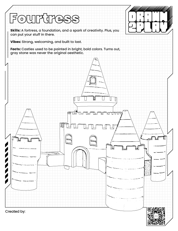Black and white Fourtress coloring sheet to plan your perfect castle bot before customizing your order