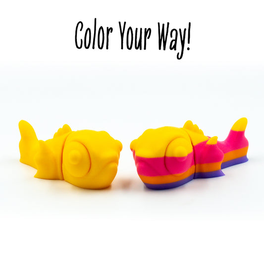 Flicker the goldfish toy in a group shot to show customization options