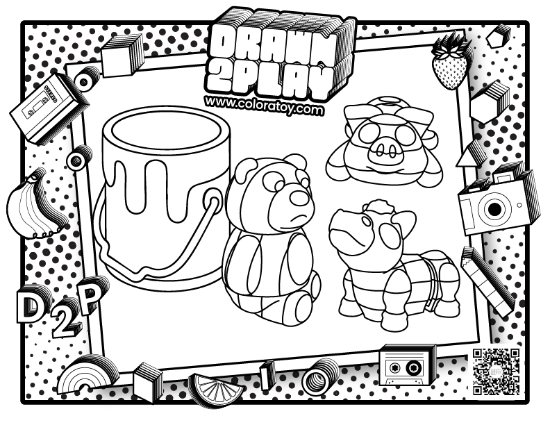 A coloring page featuring the articulated toy animals horse, pig and bear.