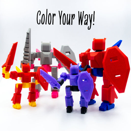 Hue Hero shown in a range of custom colorways with “color your way!” text—highlighting how each figure can be configured to match your unique style