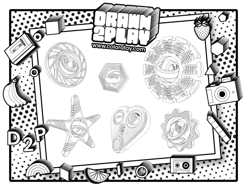 Coloring page featuring 6 customizable toys