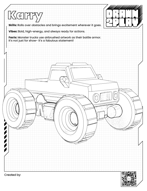 Coloring sheet featuring the monster truck toy Karry ready for coloring by the user.