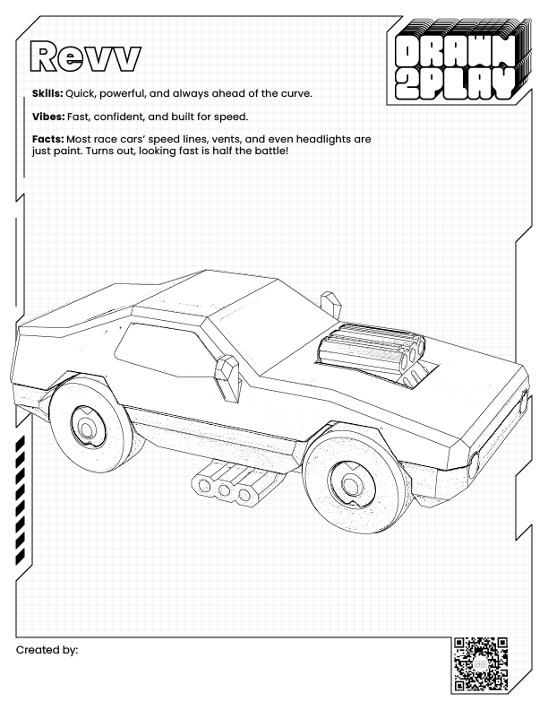 Coloring sheet for the muscle car toy Revv in black and white ready for customization.
