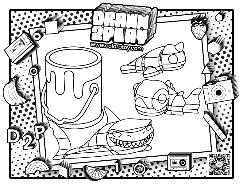 A narwhal, goldfish and shark on a coloring sheet ready for the user to customize their toys.