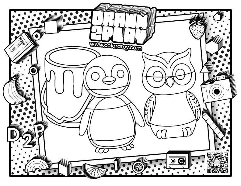 The customizable coloring page for Hoot the owl and Waddle the penguin to customize your pair toy set.
