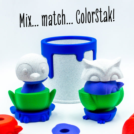 Hoot the owl and Waddle the penguin mixed stacks with pieces partially rotated to show creative mixing potential with other ColorStaks