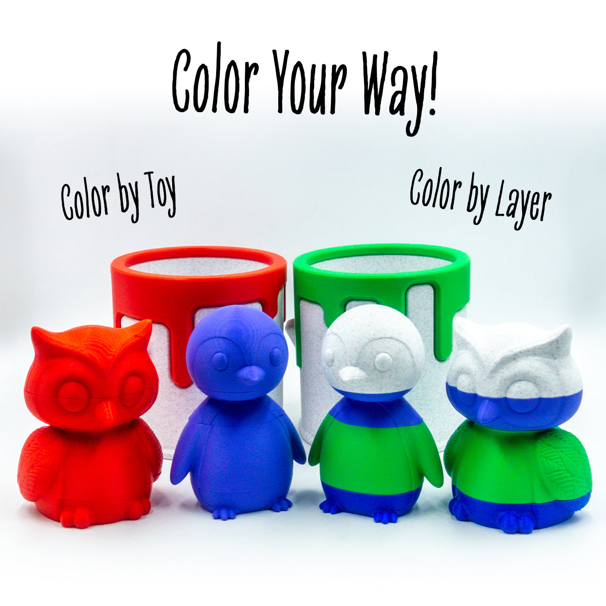 Two pairs of Hoot the owl and Waddle the penguin toys paired beside a collectible paint can, illustrating desk-friendly size and collectible appeal