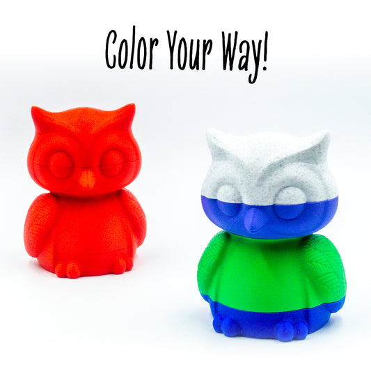 Two versions Hoot the owl featuring engraved detail and a grippable shape