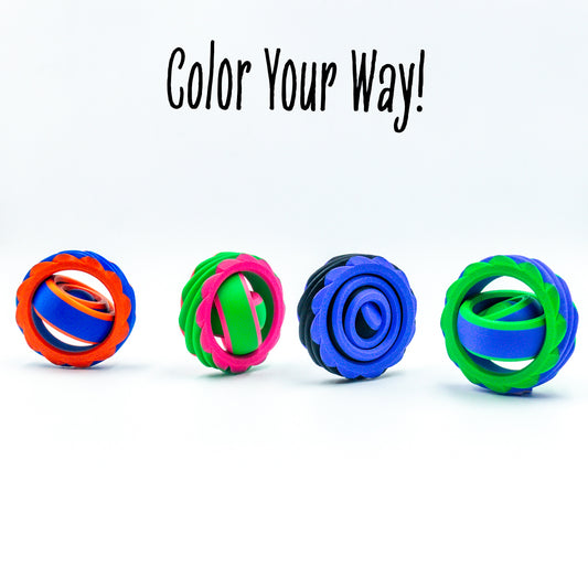 Studio shot of multiple Portalspinner toys with articulated design and tactile details.