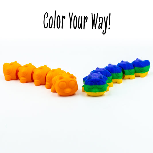 Group shot highlighting how each toy caterpillar can be uniquely colored