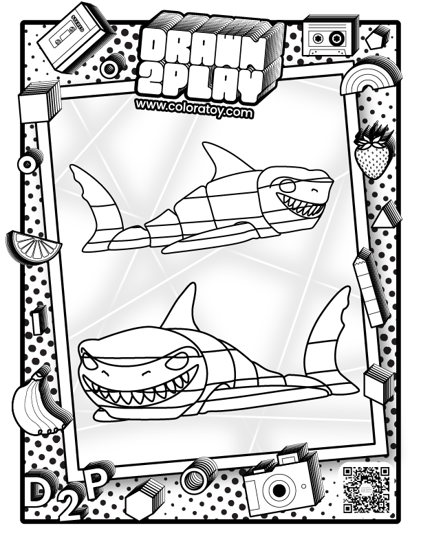 Coloring sheet of the toy Chomps the shark for the customer to color.