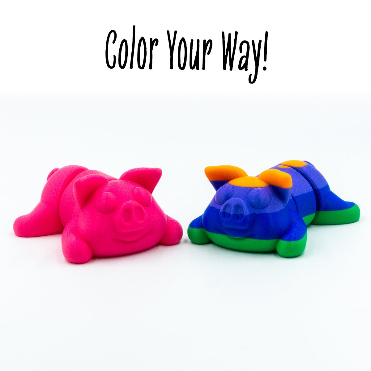 Snout Pig two colorways of this customizable animal figure shown with 'color your way!'—perfect for mix-and-match creativity