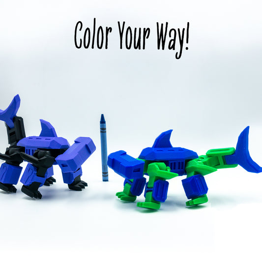 Stryker the Shark toy lineup in customizable colorways under “color your way!”—tailored for underwater-themed play