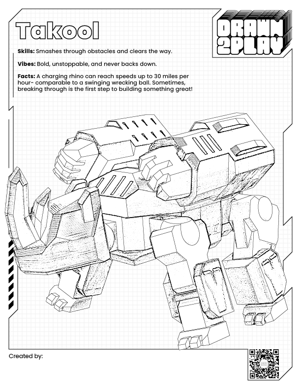 Takool coloring sheet with bold outlines for kids to customize their own rhino warrior