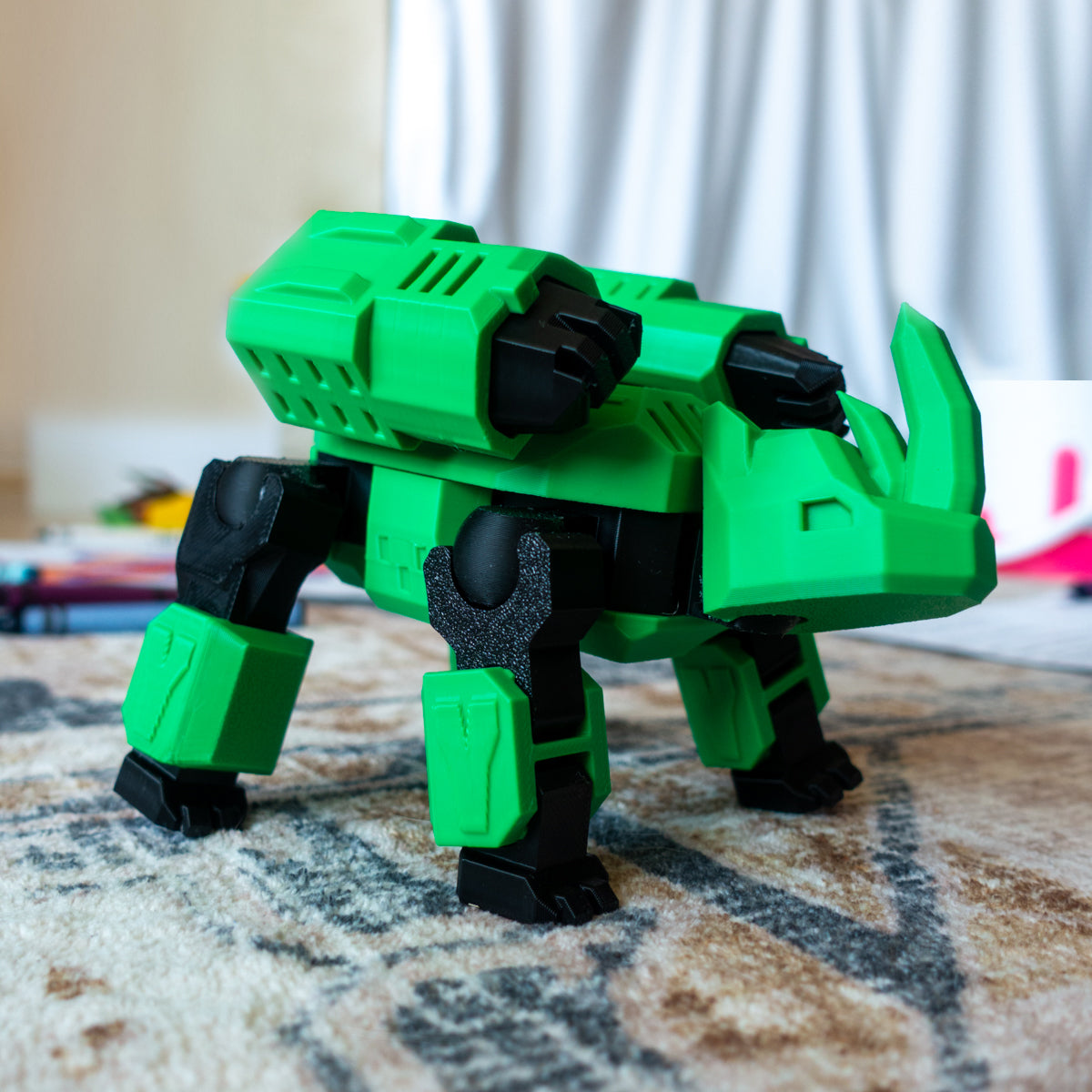 Takool the Rhino toy posed firmly on a carpet, showing armored joints and rugged texture for imaginative stomping play
