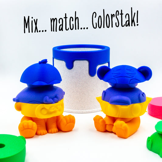 Roar the tiger and Rumble the gorilla mixed and matched together with pieces partially rotated to show creative mixing potential with other ColorStaks