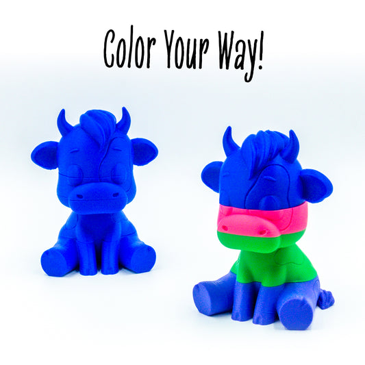 Mooch the cow shown fully stacked two ways to highlight customization