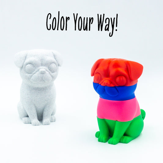 Two versions of Wrinkle the pug with smooth slide-on connectors and playful puzzle layers