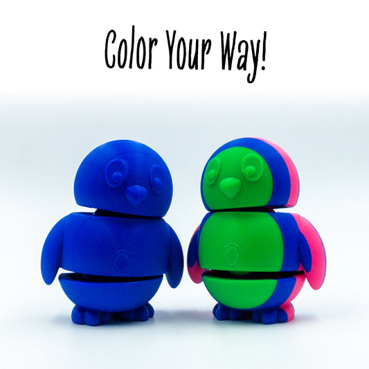 Tux Penguin two colorways of this customizable animal figure shown with 'color your way!'—perfect for mix-and-match creativity