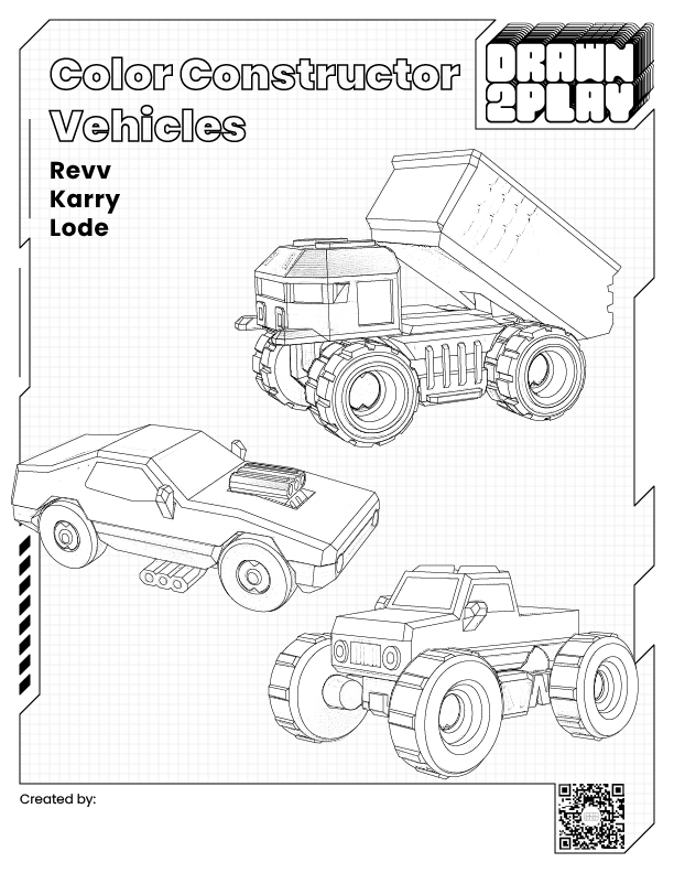 Vehicles coloring sheet for customizing featuring dump truck, muscle car and monster truck toys.