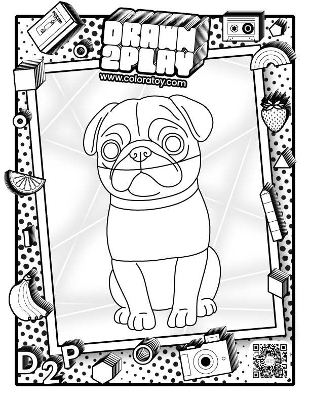 The coloring page featuring Wrinkle the pug dog for the user to customize their toy based on color.