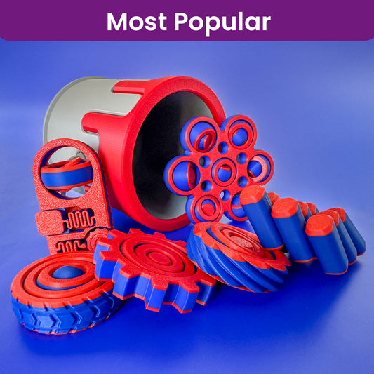 A gray paint can with a red paint drip container and six fidget toys in red and blue with a blue backdrop. A purple ribbon at the top of the image states "Most Popular"