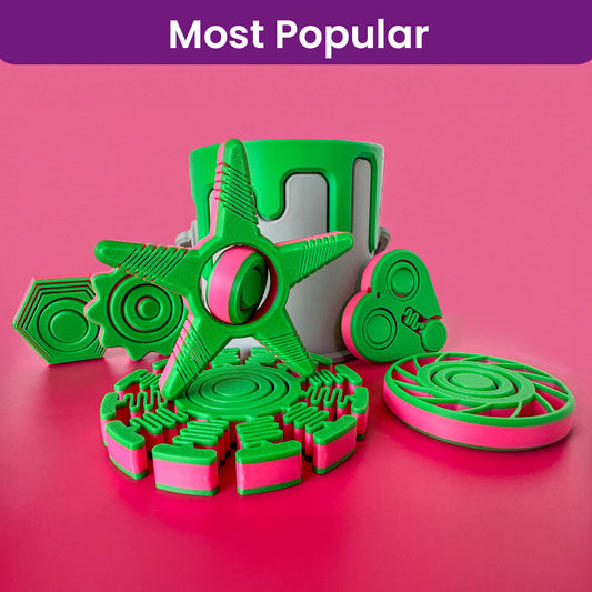 Six green and pink fidget toys in front of a paint can container with a green drip on a pink backdrop. A purple ribbon at the top of the image states "Most Popular"