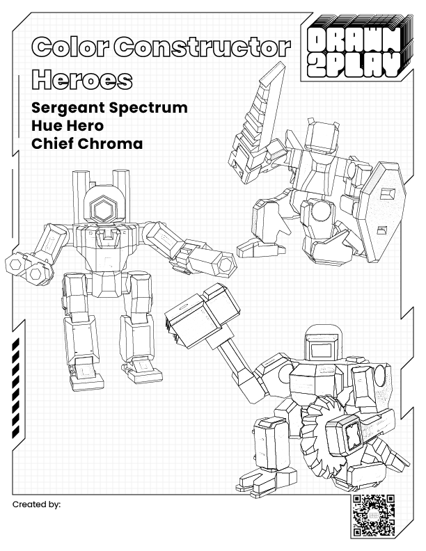 Coloring page featuring the three action figures in the pack ready to customize.