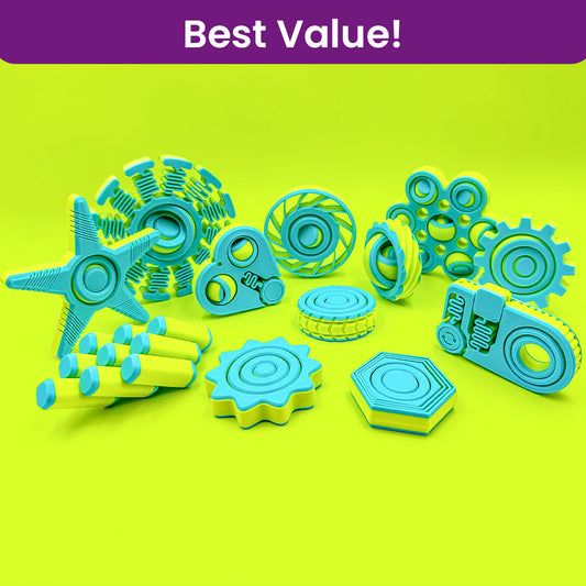 Set of blue and green plastic fidget toys on a bright yellow background with 'Best Value!' text at the top.
