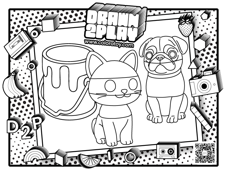 Coloring page in black and white for Whisk the cat and Wrinkle the pug dog.