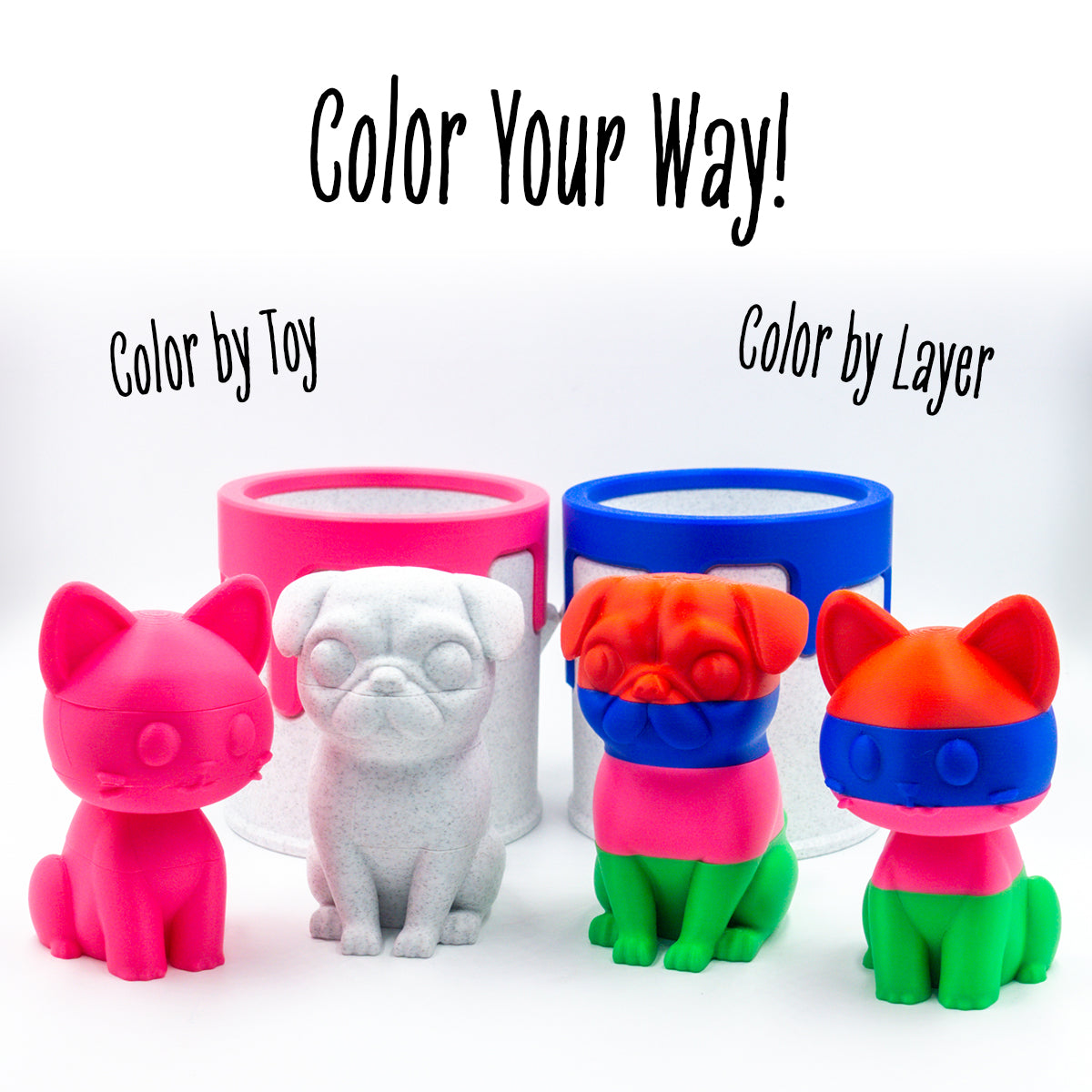 Two pairs of Whisk the cat and Wrinkle the pug with paint cans demonstrating their customization ability. 