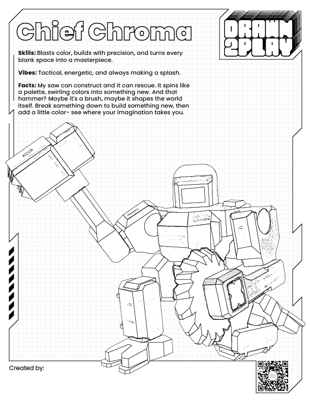 Black and white coloring sheet of Chief Chroma for kids to plan their own action figure colorway before customizing and adding to cart