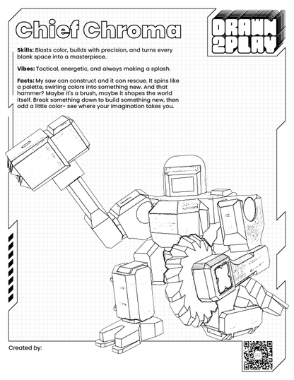 Black and white coloring sheet of Chief Chroma for kids to plan their own action figure colorway before customizing and adding to cart