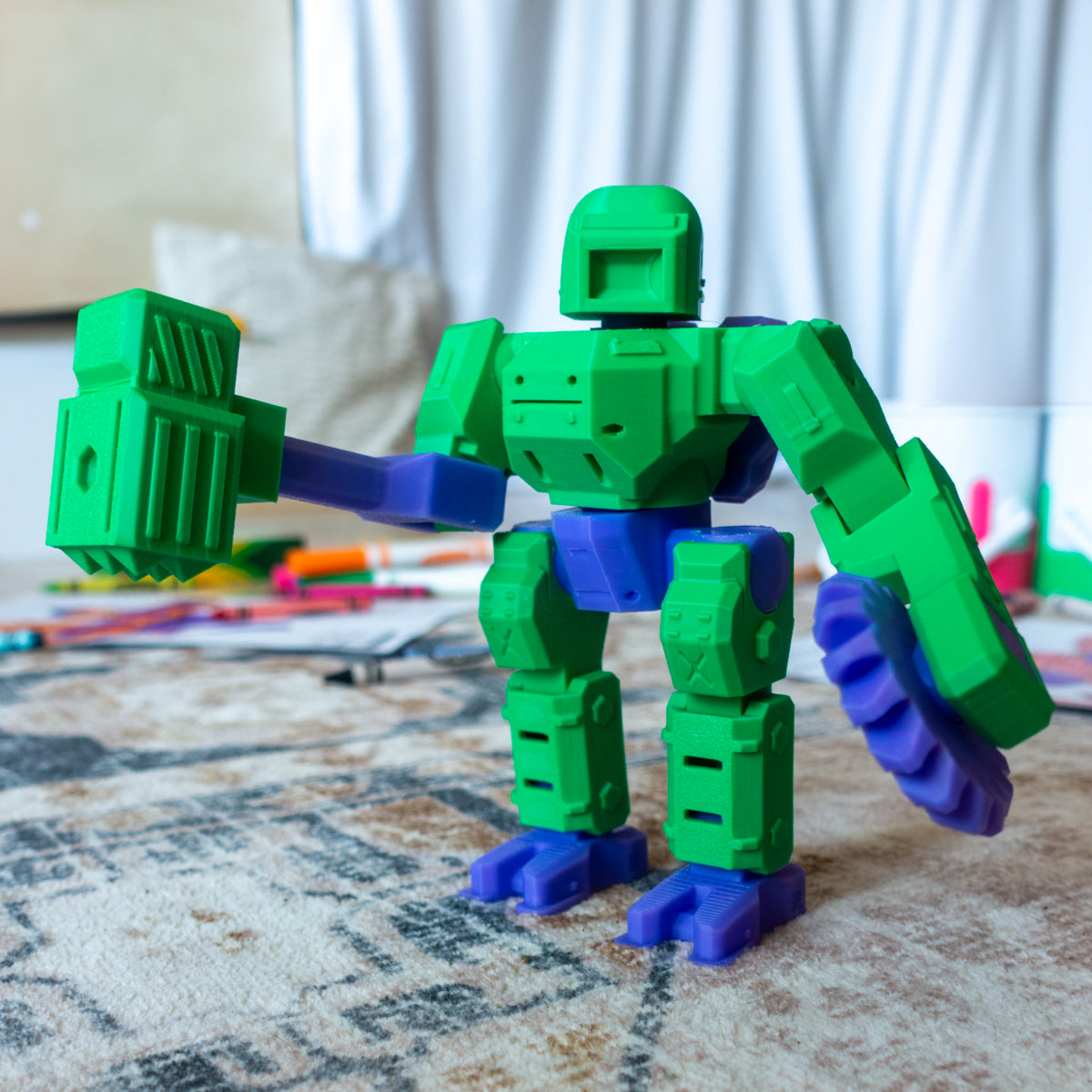 Chief Chroma posed in a third custom colorway, showcasing textured surface details and articulation built for part-swapping and imaginative upgrades