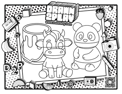 Mooch the cow and Munch the panda featured on a black and white coloring page for the user to customize their toy.