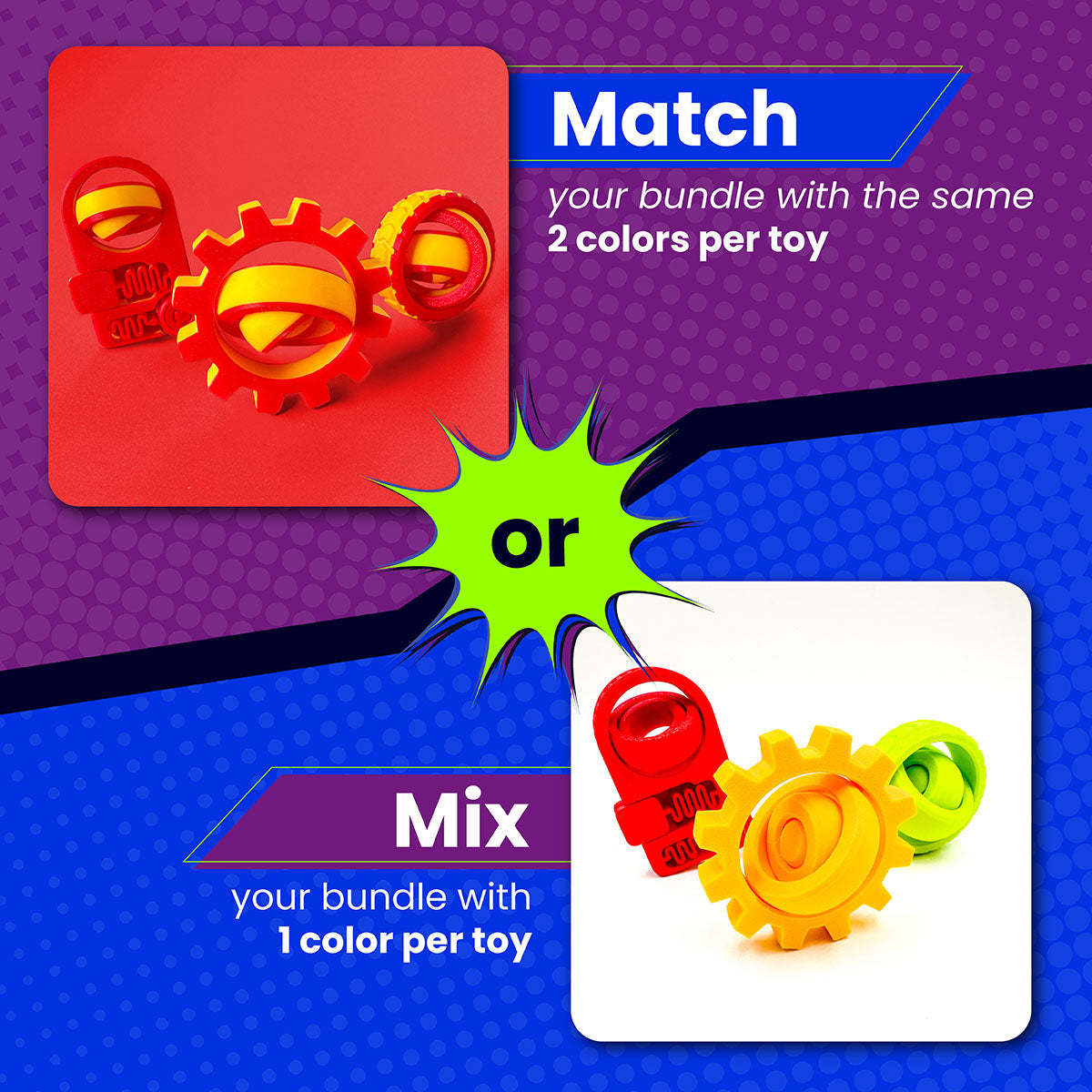 Colorful toy gears with text on a multicolored background