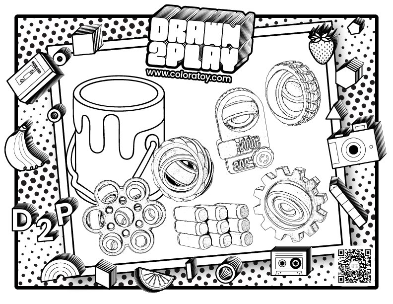 Coloring sheet in black and white featuring the six fidgets in the Mega pack to be colored by the user.
