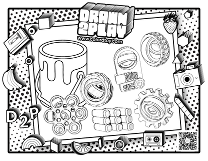 Coloring sheet in black and white featuring the six fidgets in the Mega pack to be colored by the user.
