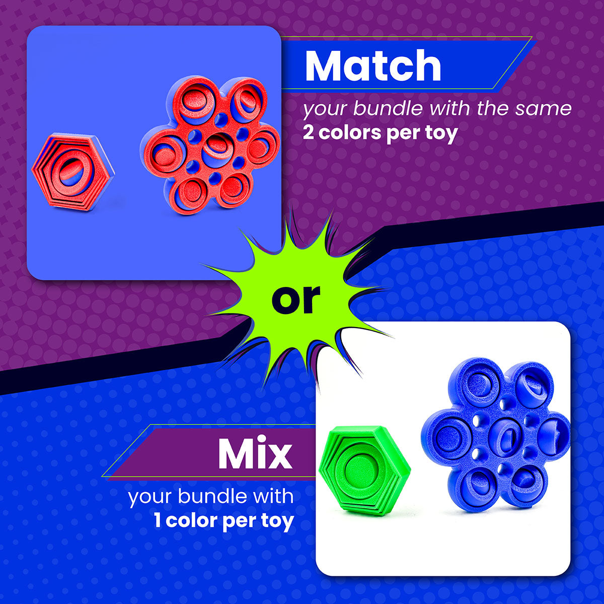 Color matching features with fidget toys on a blue and purple background