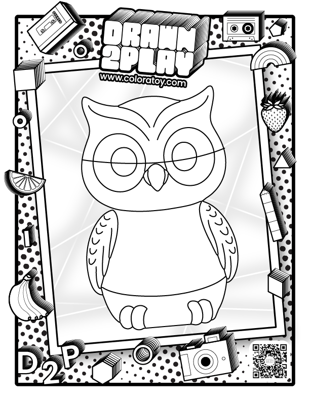 A black outlined white coloring sheet ready for the customer to customize their own Hoot the owl toy.
